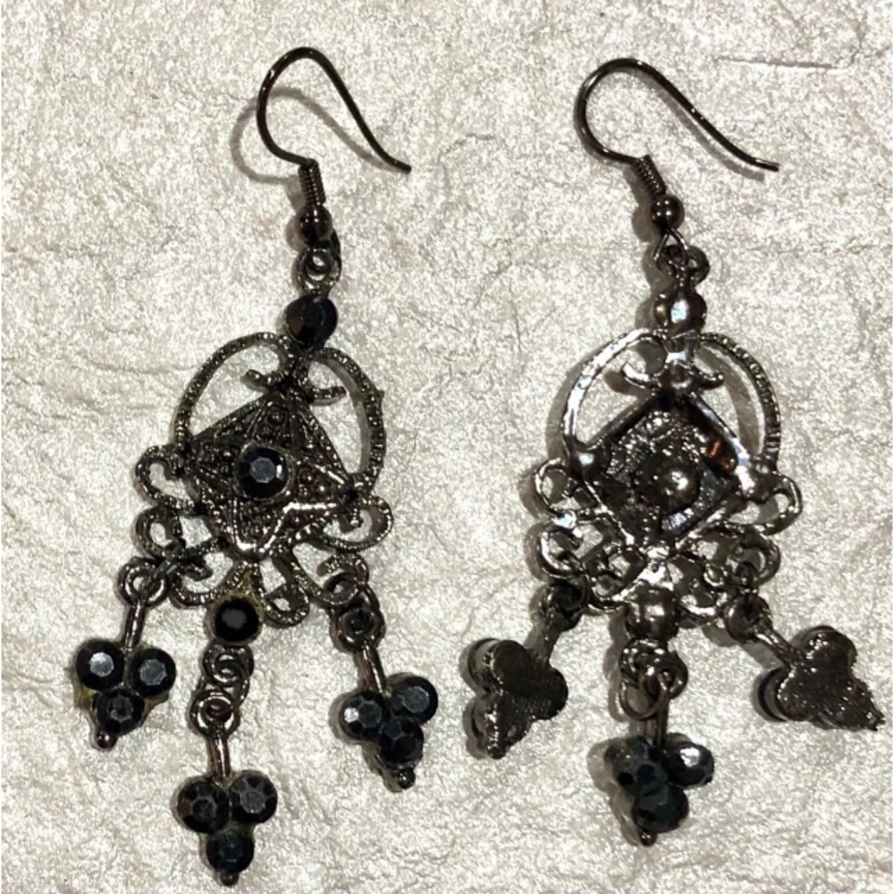 3pc bundle dangling rhinestone earrings 3 different styles silver/black - Picture 4 of 6